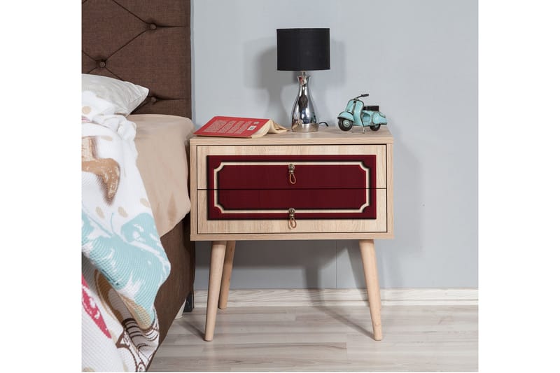 Brokind Sängbord 60 cm med Förvaring 2 Lådor Dekor - Natur/Röd - Möbler - Bord & matgrupper - Avlastningsbord - Sängbord & nattduksbord