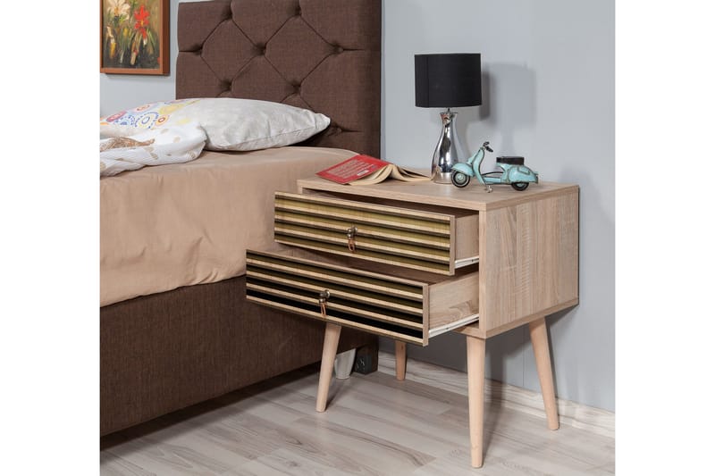Brokind Sängbord 60 cm med Förvaring 2 Lådor Ränder - Natur - Möbler - Bord & matgrupper - Avlastningsbord - Sängbord & nattduksbord