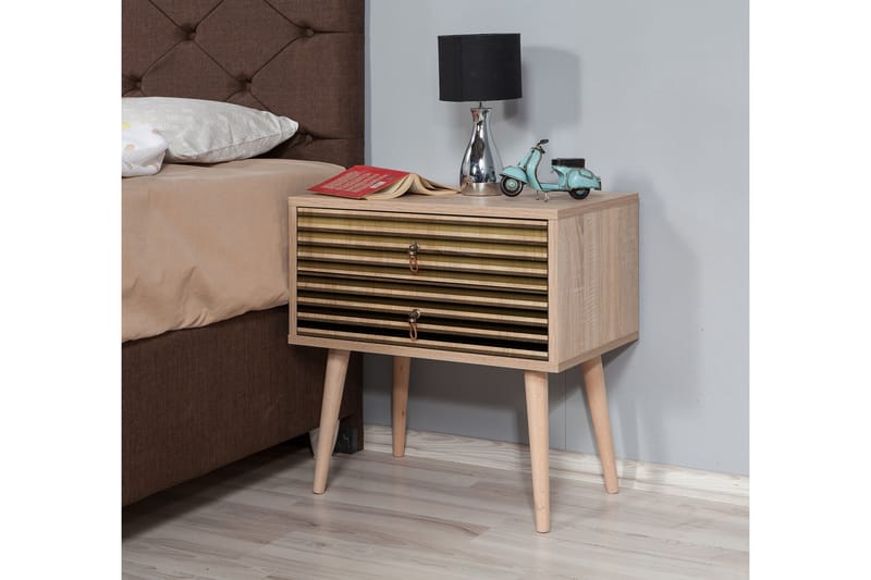 Brokind Sängbord 60 cm med Förvaring 2 Lådor Ränder - Natur - Sängbord & nattduksbord