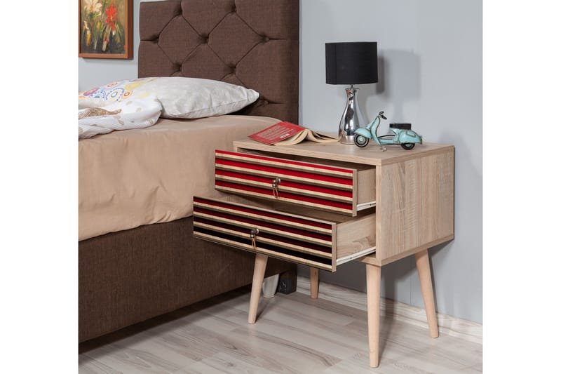Brokind Sängbord 60 cm med Förvaring 2 Lådor Ränder - Natur/Röd - Möbler - Bord & matgrupper - Avlastningsbord - Sängbord & nattduksbord