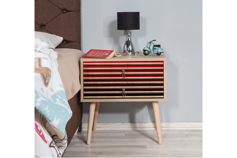 Brokind Sängbord 60 cm med Förvaring 2 Lådor Ränder - Natur/Röd - Möbler - Bord & matgrupper - Avlastningsbord - Sängbord & nattduksbord