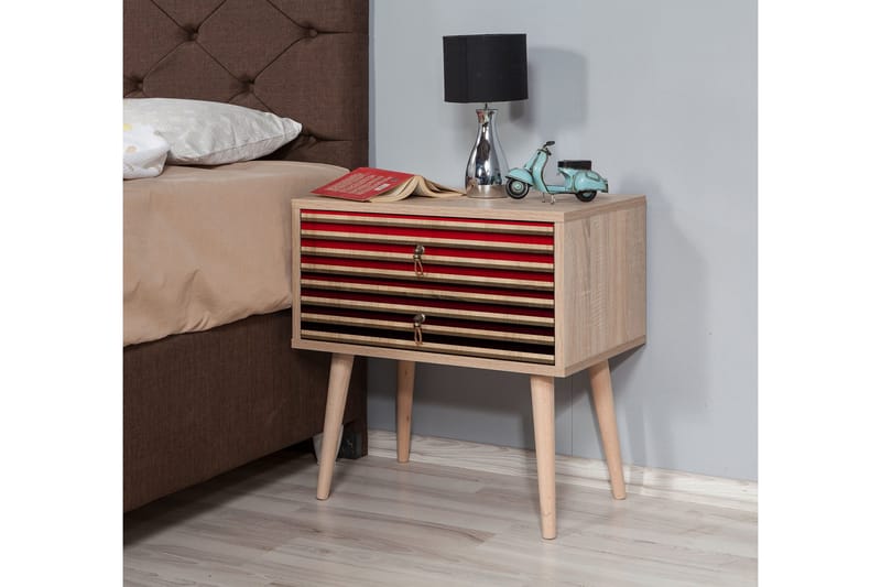 Brokind Sängbord 60 cm med Förvaring 2 Lådor Ränder - Natur/Röd - Möbler - Bord & matgrupper - Avlastningsbord - Sängbord & nattduksbord