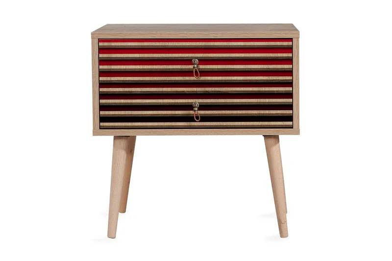 Brokind Sängbord 60 cm med Förvaring 2 Lådor Ränder, Natur/Röd