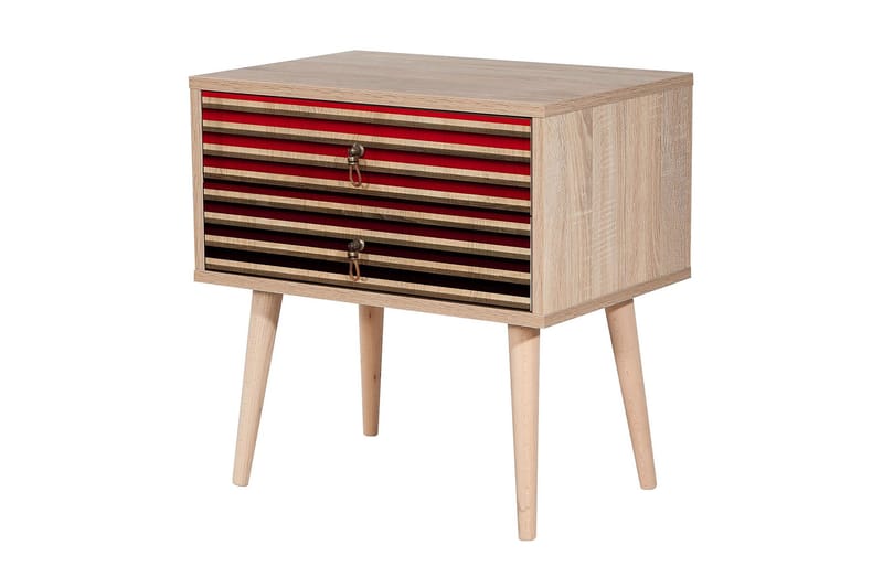 Brokind Sängbord 60 cm med Förvaring 2 Lådor Ränder - Natur/Röd - Möbler - Bord & matgrupper - Avlastningsbord - Sängbord & nattduksbord