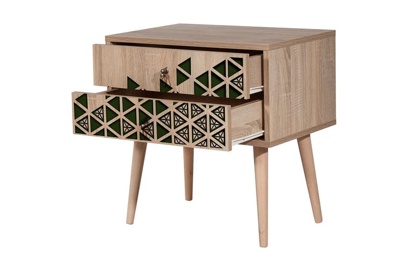 Brokind Sängbord 60 cm med Förvaring 2 Lådor Trianglar - Natur/Grön - Möbler - Bord & matgrupper - Avlastningsbord - Sängbord & nattduksbord
