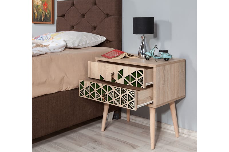Brokind Sängbord 60 cm med Förvaring 2 Lådor Trianglar - Natur/Grön - Möbler - Bord & matgrupper - Avlastningsbord - Sängbord & nattduksbord