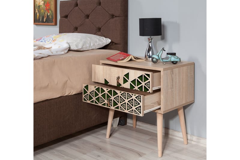 Brokind Sängbord 60 cm med Förvaring 2 Lådor Trianglar - Natur/Grön - Sängbord & nattduksbord
