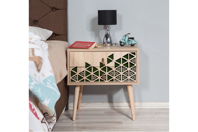 Brokind Sängbord 60 cm med Förvaring 2 Lådor Trianglar - Natur/Grön - Möbler - Bord & matgrupper - Avlastningsbord - Sängbord & nattduksbord