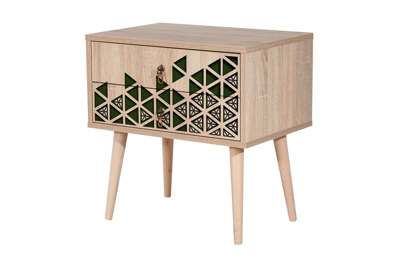 Brokind Sängbord 60 cm med Förvaring 2 Lådor Trianglar - Natur/Grön - Möbler - Bord & matgrupper - Avlastningsbord - Sängbord & nattduksbord