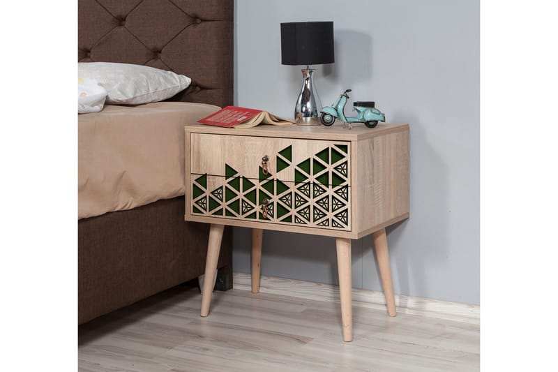 Brokind Sängbord 60 cm med Förvaring 2 Lådor Trianglar - Natur/Grön - Möbler - Bord & matgrupper - Avlastningsbord - Sängbord & nattduksbord