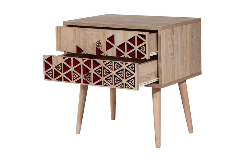 Brokind Sängbord 60 cm med Förvaring 2 Lådor Trianglar - Natur/Röd - Möbler - Bord & matgrupper - Avlastningsbord - Sängbord & nattduksbord