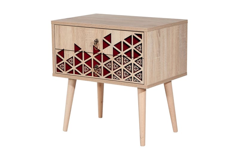 Brokind Sängbord 60 cm med Förvaring 2 Lådor Trianglar - Natur/Röd - Möbler - Bord & matgrupper - Avlastningsbord - Sängbord & nattduksbord
