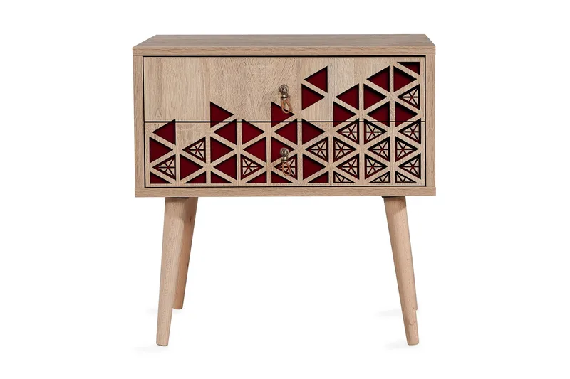 Brokind Sängbord 60 cm med Förvaring 2 Lådor Trianglar - Natur/Röd - Möbler - Bord & matgrupper - Avlastningsbord - Sängbord & nattduksbord