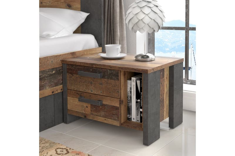 Cadle Sängbord 62 cm med Förvaring 2 Lådor + Hylla - Brun/Grå - Sängbord & nattduksbord