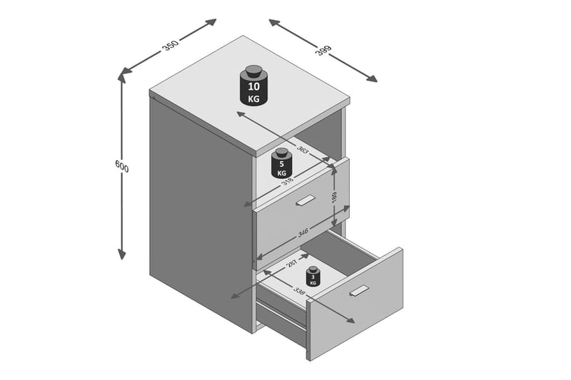 Colima Sängbord 35 cm med Förvaring 2 Lådor + Hylla - Grå - Möbler - Bord & matgrupper - Avlastningsbord - Sängbord & nattduksbord