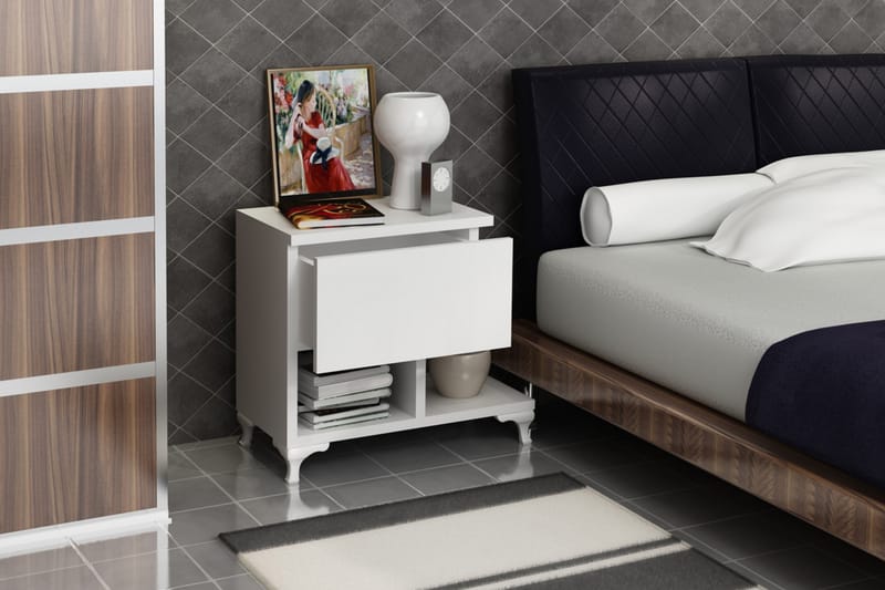 Decorotika Sängbord 46 cm med Förvaring Låda + Hyllor Ben - Vit - Möbler - Bord & matgrupper - Avlastningsbord - Sängbord & nattduksbord