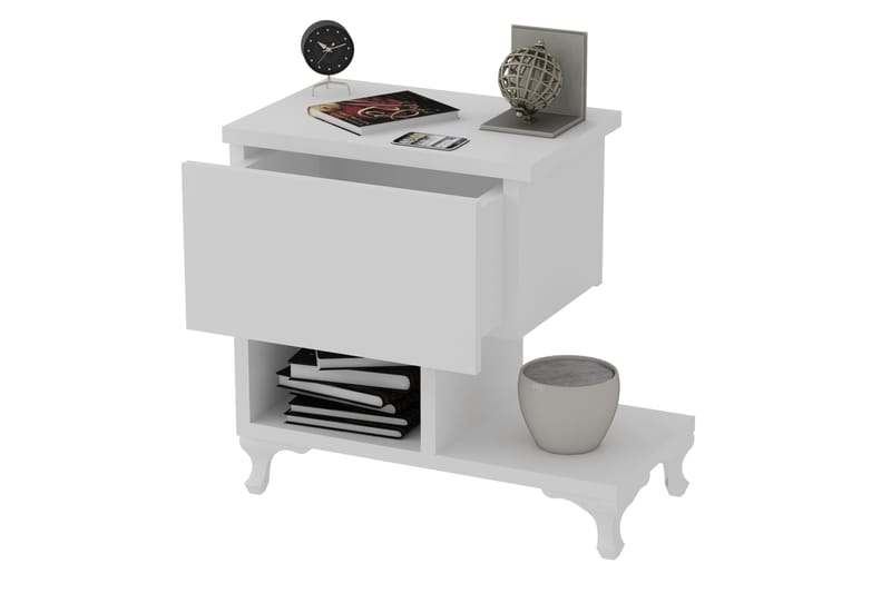 Decorotika Sängbord 46 cm med Förvaring Låda + Hyllor Ben - Vit - Möbler - Bord & matgrupper - Avlastningsbord - Sängbord & nattduksbord