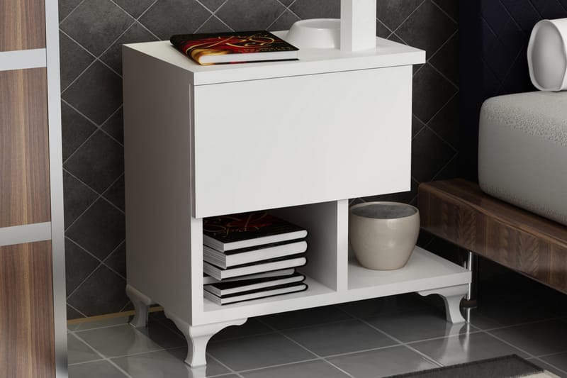 Decorotika Sängbord 46 cm med Förvaring Låda + Hyllor Ben - Vit - Möbler - Bord & matgrupper - Avlastningsbord - Sängbord & nattduksbord