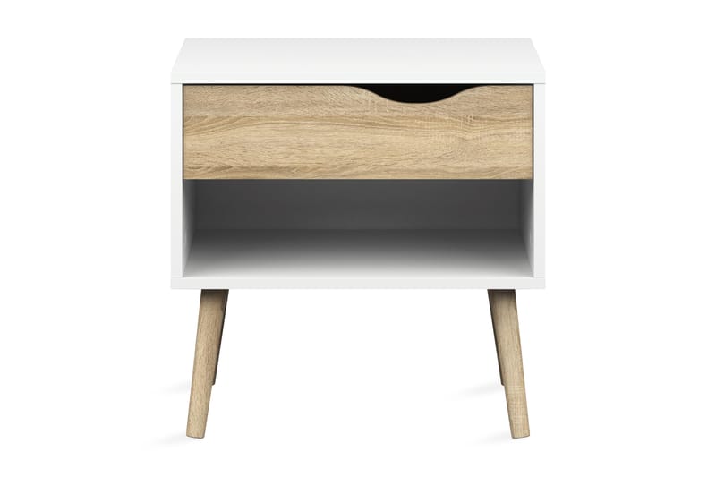 Delta Sängbord 50 cm med Förvaring Låda + Hylla - Vit/Ekfärg - Sängbord & nattduksbord