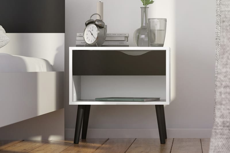 Delta Sängbord 50 cm med Förvaring Låda + Hylla - Vit/Svart - Sängbord & nattduksbord