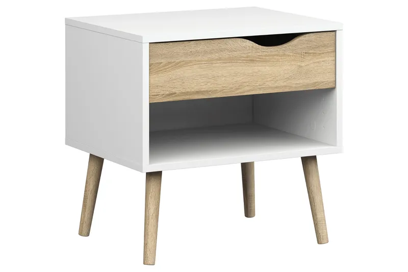 Delta Sängbord 50 cm med Förvaring Låda + Hylla - Vit/Ekfärg - Möbler - Bord & matgrupper - Avlastningsbord - Sängbord & nattduksbord