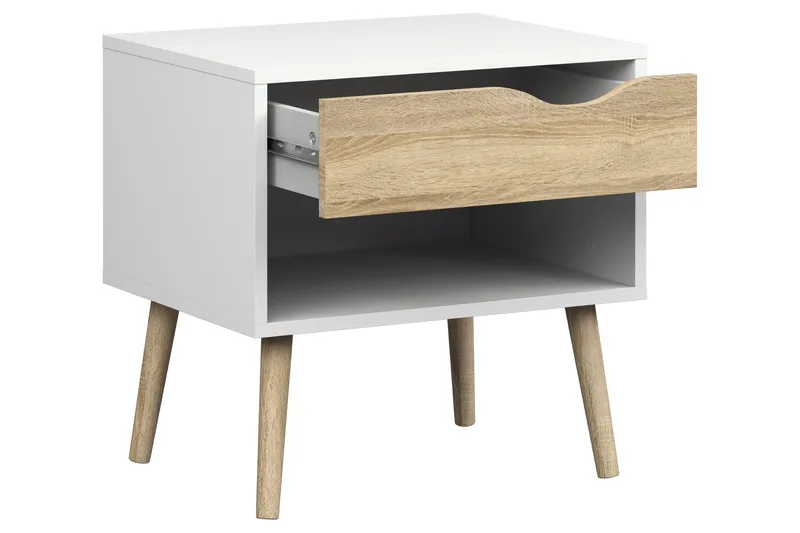 Delta Sängbord 50 cm med Förvaring Låda + Hylla - Vit/Ekfärg - Möbler - Bord & matgrupper - Avlastningsbord - Sängbord & nattduksbord