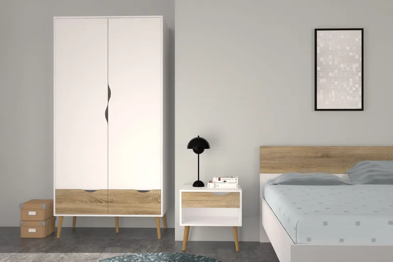 Delta Sängbord 50 cm med Förvaring Låda + Hylla - Vit/Ekfärg - Möbler - Bord & matgrupper - Avlastningsbord - Sängbord & nattduksbord