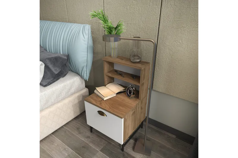 Desgrar Sängbord & Nattduksbord 45x22,5 cm i Trä med Valnötsutseende, Förvaring med Låda - Vit - Möbler - Bord & matgrupper - Avlastningsbord - Sängbord & nattduksbord