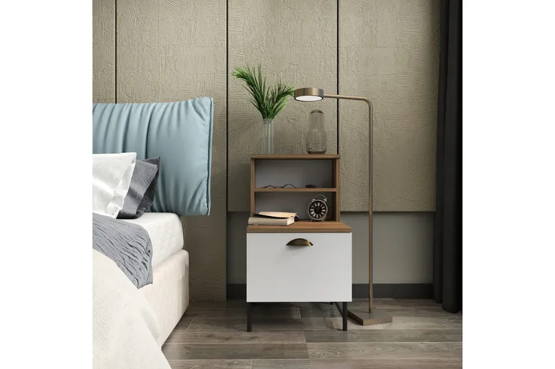 Desgrar Sängbord & Nattduksbord 45x22,5 cm i Trä med Valnötsutseende, Förvaring med Låda - Vit - Möbler - Bord & matgrupper - Avlastningsbord - Sängbord & nattduksbord