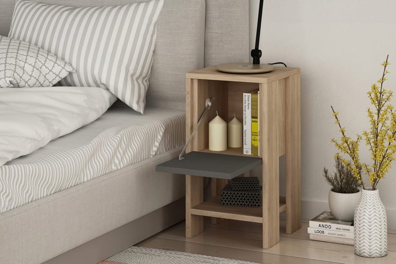 Homitis Sängbord 30 cm med Förvaring Hylla + Lucka - Ekfärg/Mörkgrå - Möbler - Bord & matgrupper - Avlastningsbord - Sängbord & nattduksbord