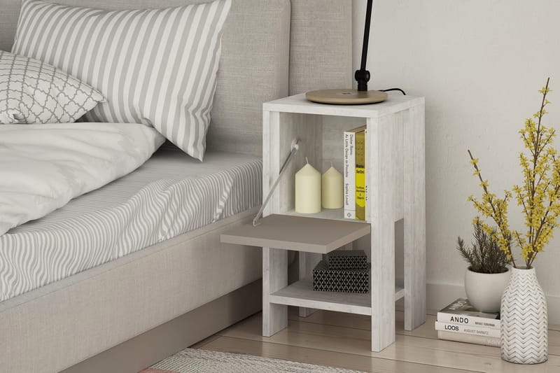 Homitis Sängbord 30 cm med Förvaring Hylla + Lucka - Vit/Trä - Möbler - Bord & matgrupper - Avlastningsbord - Sängbord & nattduksbord