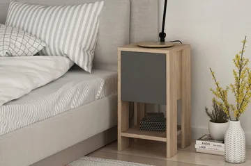 Homitis Sängbord 30 cm med Förvaring Hylla + Lucka - Ekfärg/Mörkgrå - Möbler - Bord & matgrupper - Avlastningsbord - Sängbord & nattduksbord