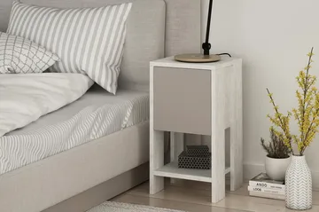 Homitis Sängbord 30 cm med Förvaring Hylla + Lucka - Vit/Trä - Möbler - Bord & matgrupper - Avlastningsbord - Sängbord & nattduksbord