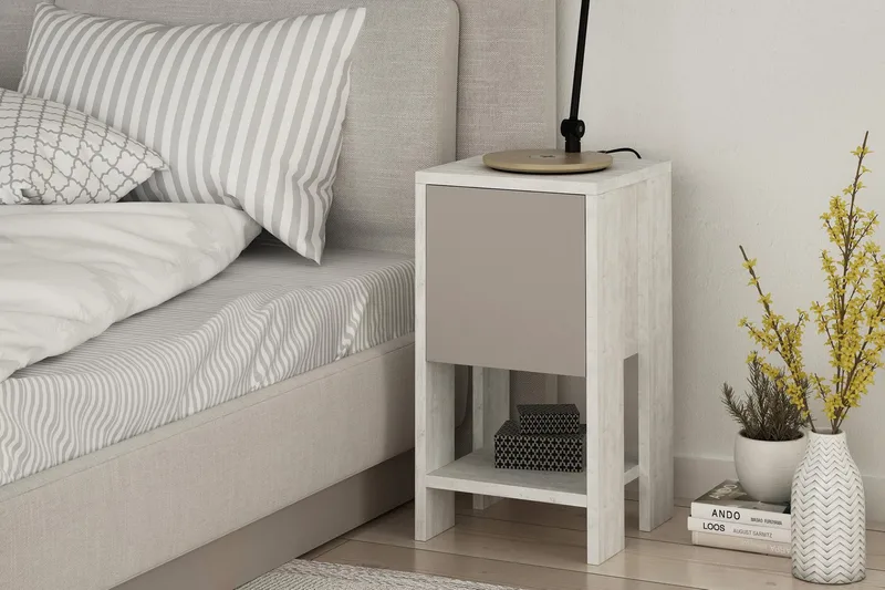 Homitis Sängbord 30 cm med Förvaring Hylla + Lucka - Vit/Trä - Möbler - Bord & matgrupper - Avlastningsbord - Sängbord & nattduksbord