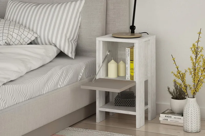 Homitis Sängbord 30 cm med Förvaring Hylla + Lucka - Vit/Trä - Möbler - Bord & matgrupper - Avlastningsbord - Sängbord & nattduksbord