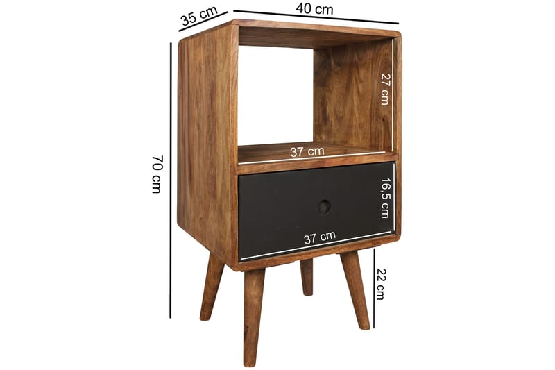 Iviana Sängbord 40 cm med Förvaring Låda + Hylla - Massivt Trä/Svart - Möbler - Bord & matgrupper - Avlastningsbord - Sängbord & nattduksbord