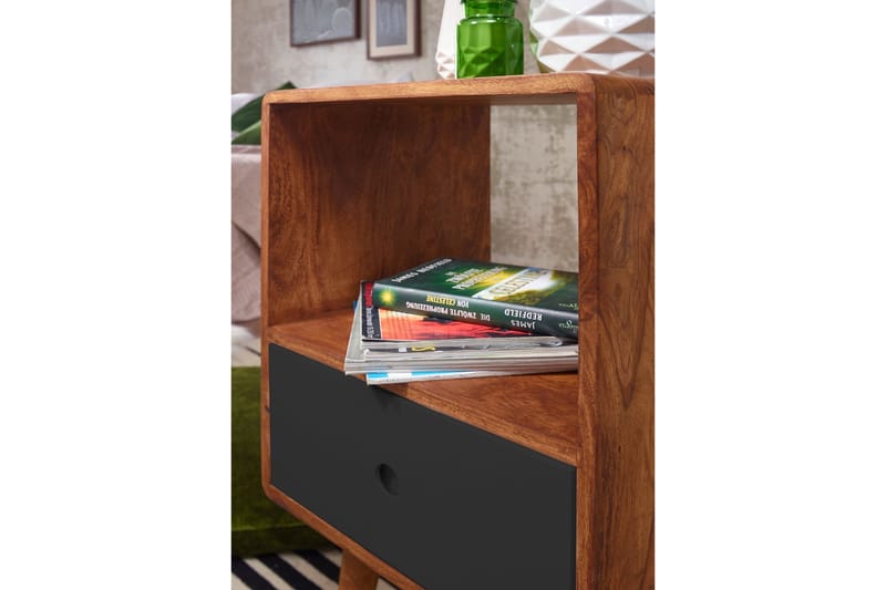 Iviana Sängbord 40 cm med Förvaring Låda + Hylla - Massivt Trä/Svart - Möbler - Bord & matgrupper - Avlastningsbord - Sängbord & nattduksbord