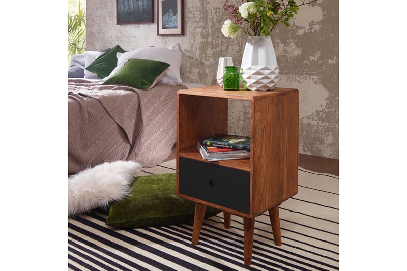 Iviana Sängbord 40 cm med Förvaring Låda + Hylla - Massivt Trä/Svart - Sängbord & nattduksbord