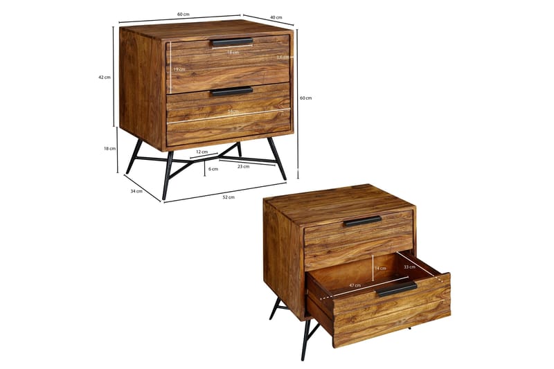 Kimbal Sängbord 60 cm med Förvaring 2 Lådor - Massivt Trä/Svart - Möbler - Bord & matgrupper - Avlastningsbord - Sängbord & nattduksbord