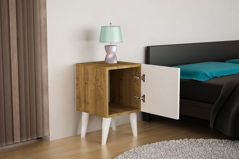 Louvrall Sängbord 35 cm Liten med Förvaring Skåp - Vit/Valnötsbrun - Sängbord & nattduksbord