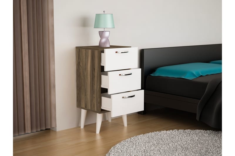 Louvrall Sängbord 40 cm med Förvaring 3 Lådor - Vit/Valnötsbrun - Sängbord & nattduksbord
