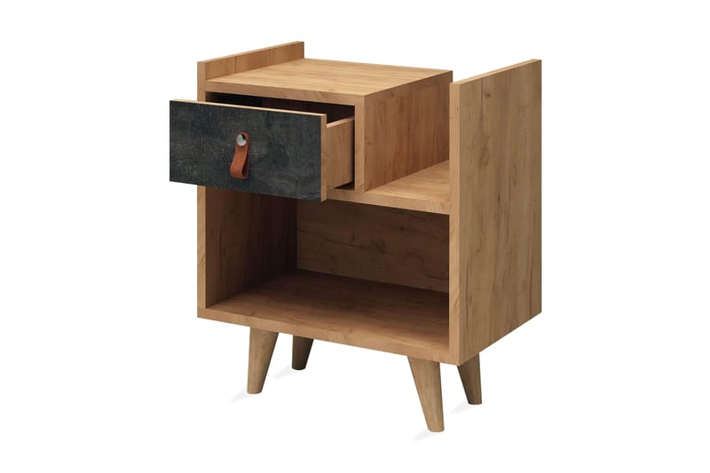 Mod Design Sängbord 50 cm med Förvaring Låda + Hylla Läderbe - Grå/Trä - Sängbord & nattduksbord
