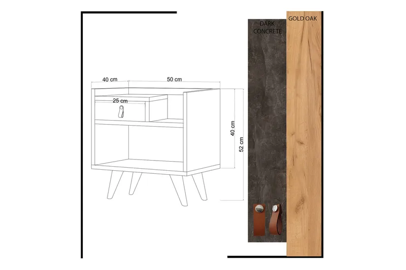 Mod Design Sängbord 50 cm med Förvaring Låda + Hylla Läderbe - Grå/Trä - Möbler - Bord & matgrupper - Avlastningsbord - Sängbord & nattduksbord
