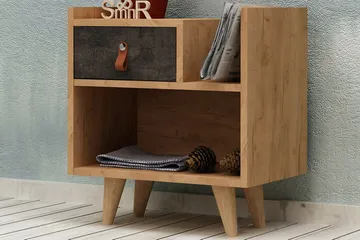 Mod Design Sängbord 50 cm med Förvaring Låda + Hylla Läderbe - Grå/Trä - Möbler - Bord & matgrupper - Avlastningsbord - Sängbord & nattduksbord