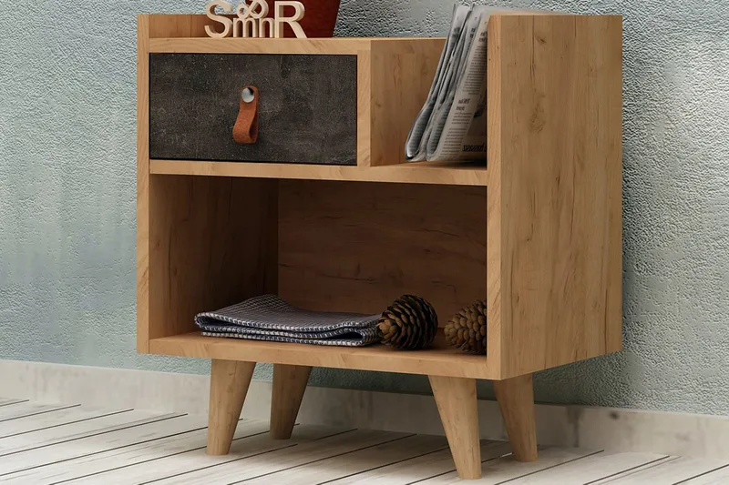 Mod Design Sängbord 50 cm med Förvaring Låda + Hylla Läderbe - Grå/Trä - Möbler - Bord & matgrupper - Avlastningsbord - Sängbord & nattduksbord