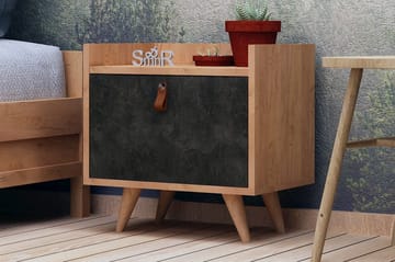 Mod Design Sängbord 50 cm med Förvaring Skåp Läderbeslag - Grå/Trä - Möbler - Bord & matgrupper - Avlastningsbord - Sängbord & nattduksbord