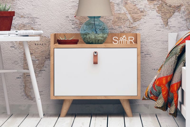 Mod Design Sängbord 50 cm med Förvaring Skåp Läderbeslag - Trä/Vit - Sängbord & nattduksbord