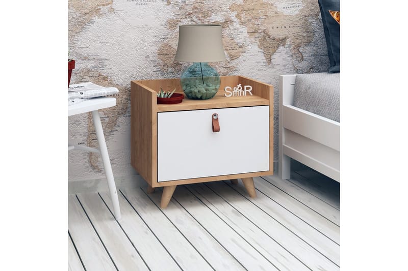 Mod Design Sängbord 50 cm med Förvaring Skåp Läderbeslag - Trä/Vit - Sängbord & nattduksbord