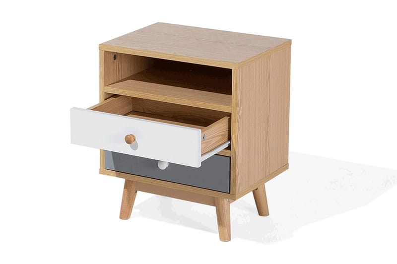 Peinmore Sängbord 40 cm med Förvaring 2 Lådor + Hylla - Brun/Vit/Grå - Sängbord & nattduksbord