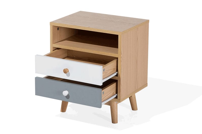 Peinmore Sängbord 40 cm med Förvaring 2 Lådor + Hylla - Brun/Vit/Grå - Sängbord & nattduksbord